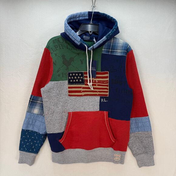 POLO RALPH LAUREN PATCHWORK HOODIE SIZE SMALL COUNTRY AMERICAN FLAG